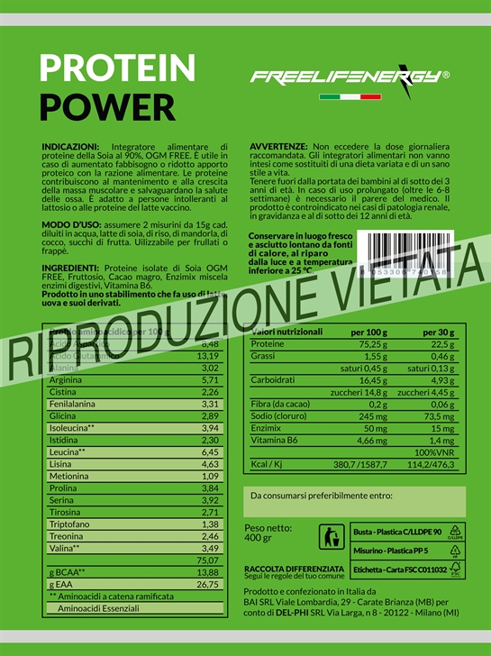 Protein Power Cacao - Proteine isolate della soia al 90% - 400 gr